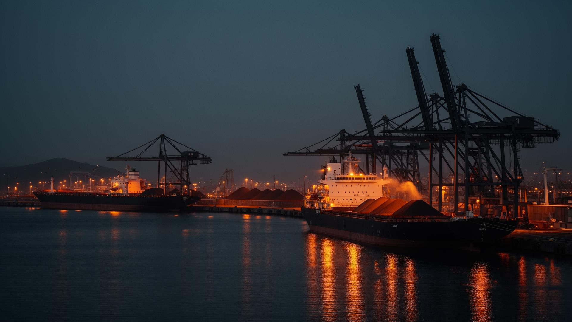 Industrial port at dusk loading bulk commodities